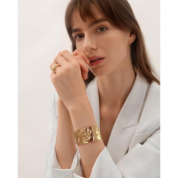 Hammered Gold Silver Cuff Bracelet for Women Wide Vintage Boho Statement - Picture 3 of 8